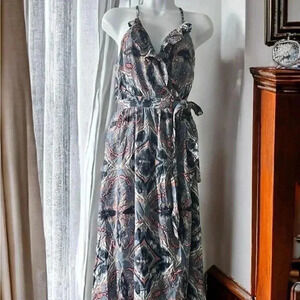 Roxy Blue Wrap Midi Dress Small Viscose Ruffle Coastal Vacation Dress
